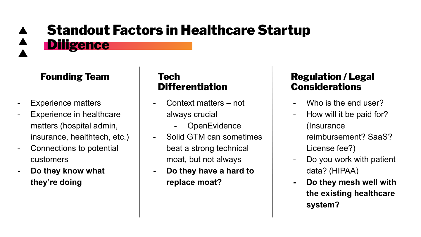 Slide 10: Standout Factors in Healthcare Startup Diligence